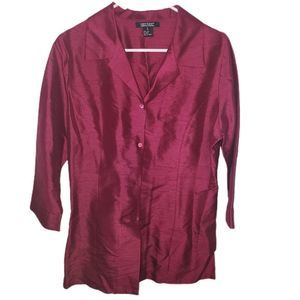 Karen Kane 100% Silk Button Up V Neck 3/4 Sleeve Burgundy Blouse Flattering